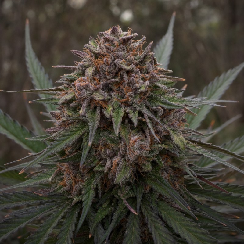 Outdoor macro photograph of the Neptune Kush flower on a living plant
