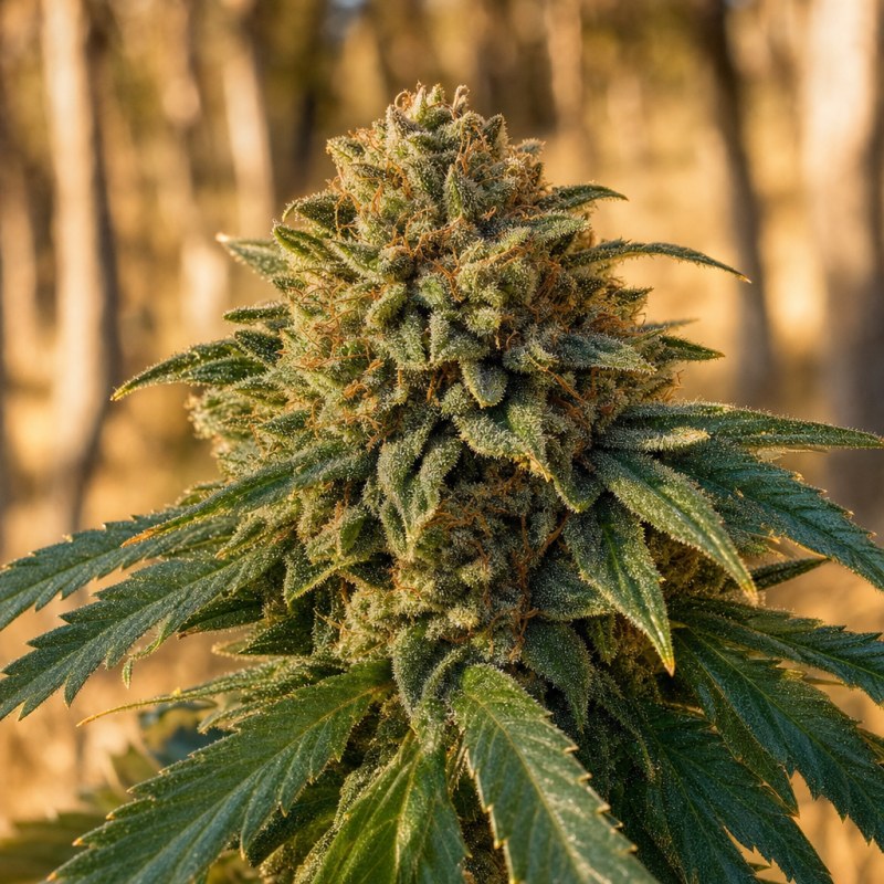Outdoor macro photograph of the Nuken Auto flower on a living plant