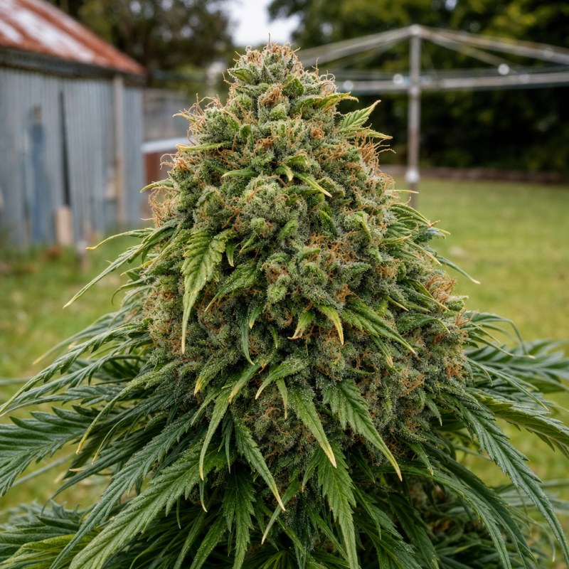Outdoor macro photograph of the OG Chem flower on a living plant