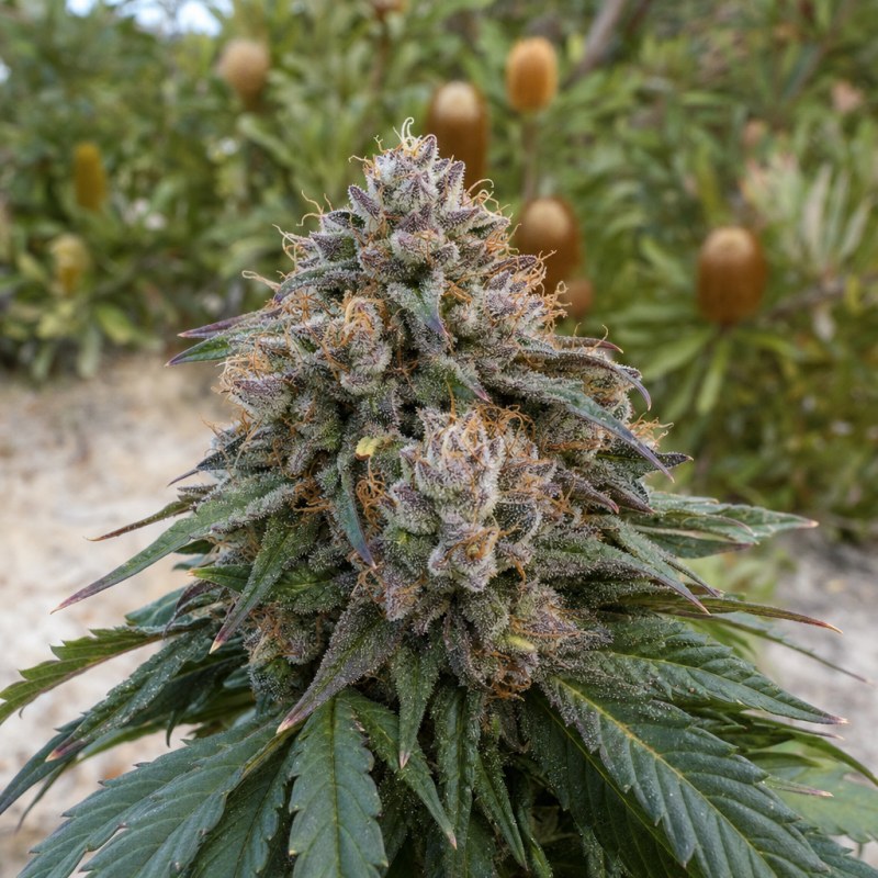 Outdoor macro photograph of the Opal OG Kush flower on a living plant