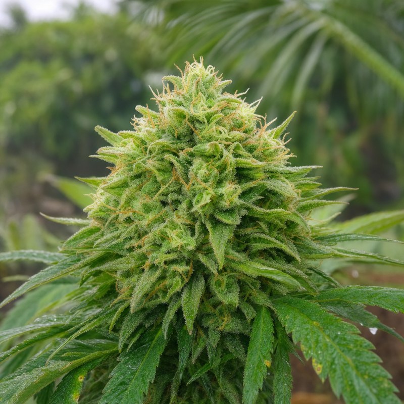 Outdoor macro photograph of the Pineapple Diesel flower on a living plant