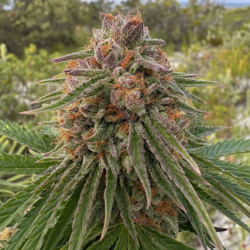 Outdoor macro photograph of the Pluto Kush flower on a living plant