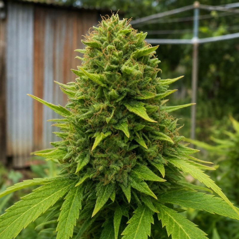 Outdoor macro photograph of the Power Kush Auto flower on a living plant