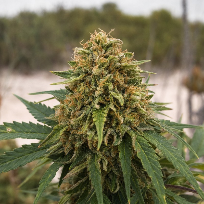 Outdoor macro photograph of the Pure Kush flower on a living plant