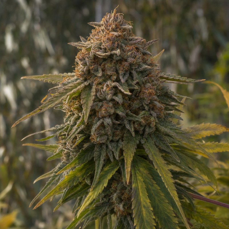 Outdoor macro photograph of the Black Widow Auto flower on a living plant