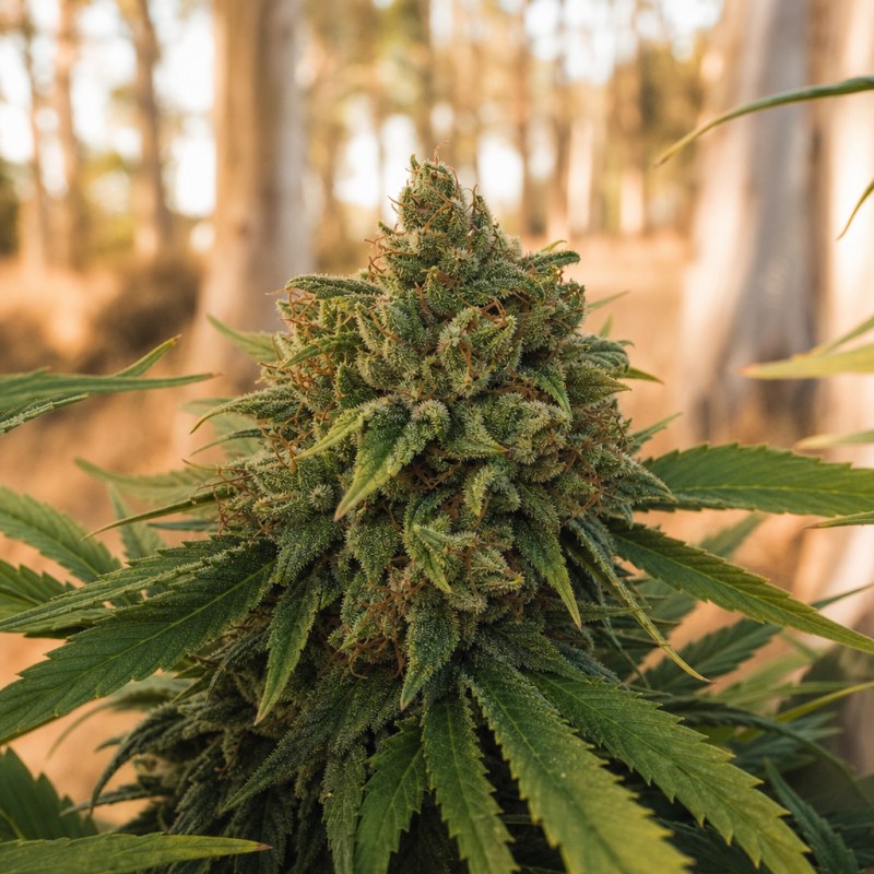 Outdoor macro photograph of the Quantum Kush Auto flower on a living plant