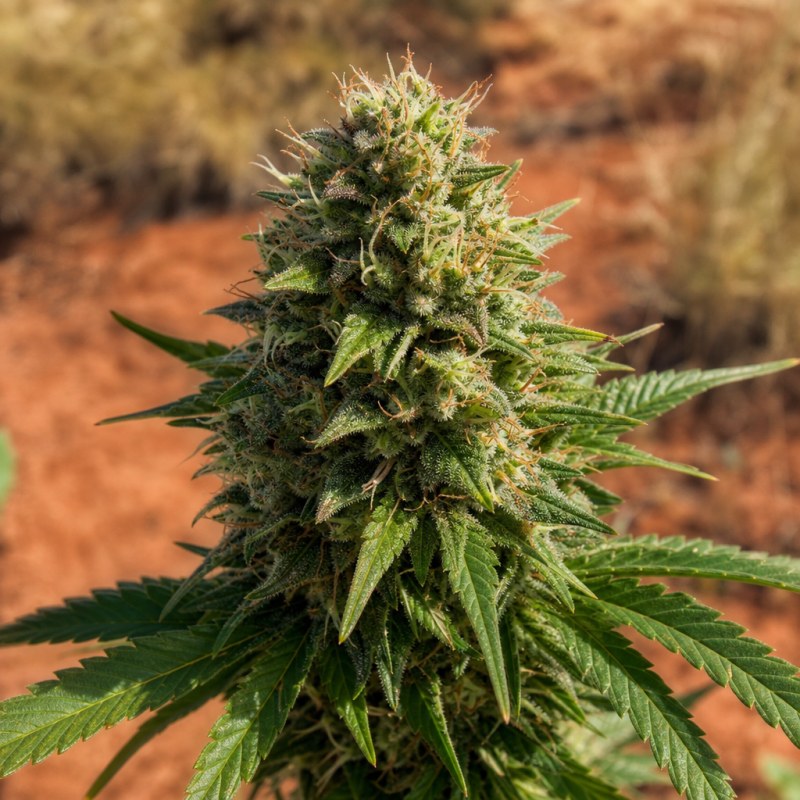 Outdoor macro photograph of the Ringos Gift CBD flower on a living plant