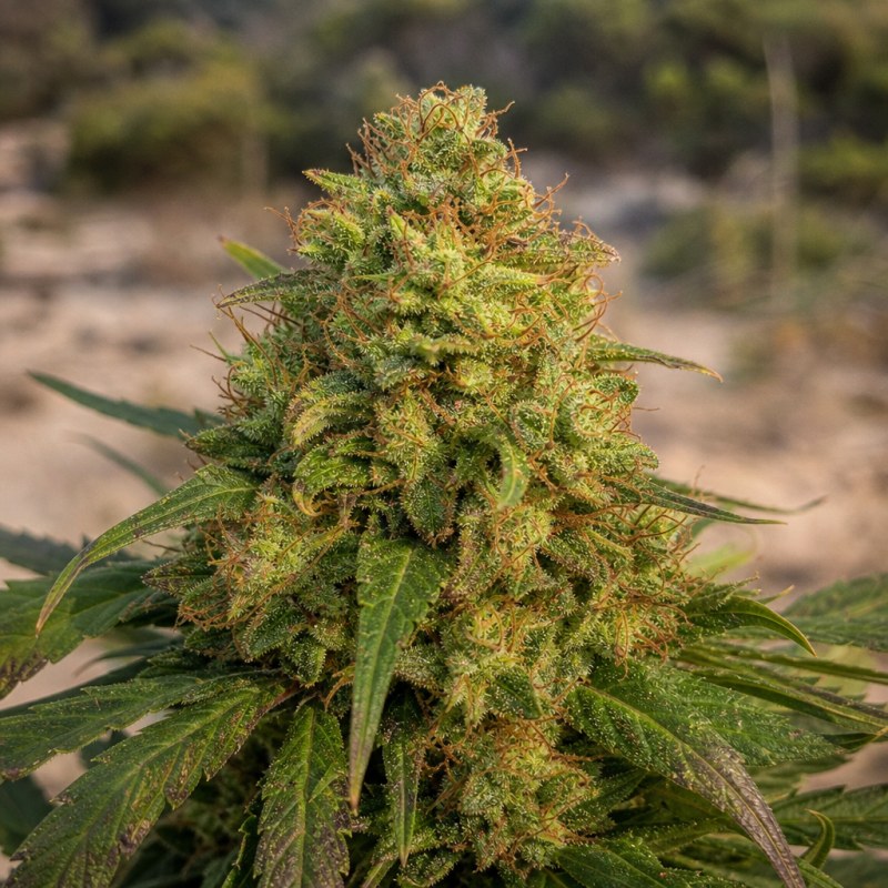 Outdoor macro photograph of the Sensi Skunk flower on a living plant