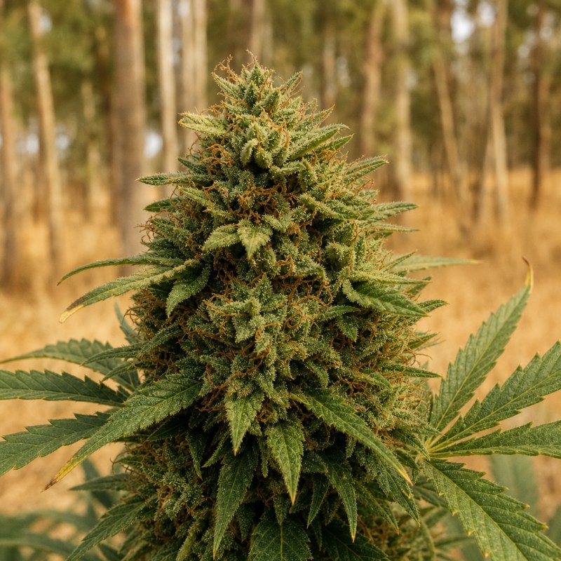Outdoor macro photograph of the Shiatsu Kush flower on a living plant
