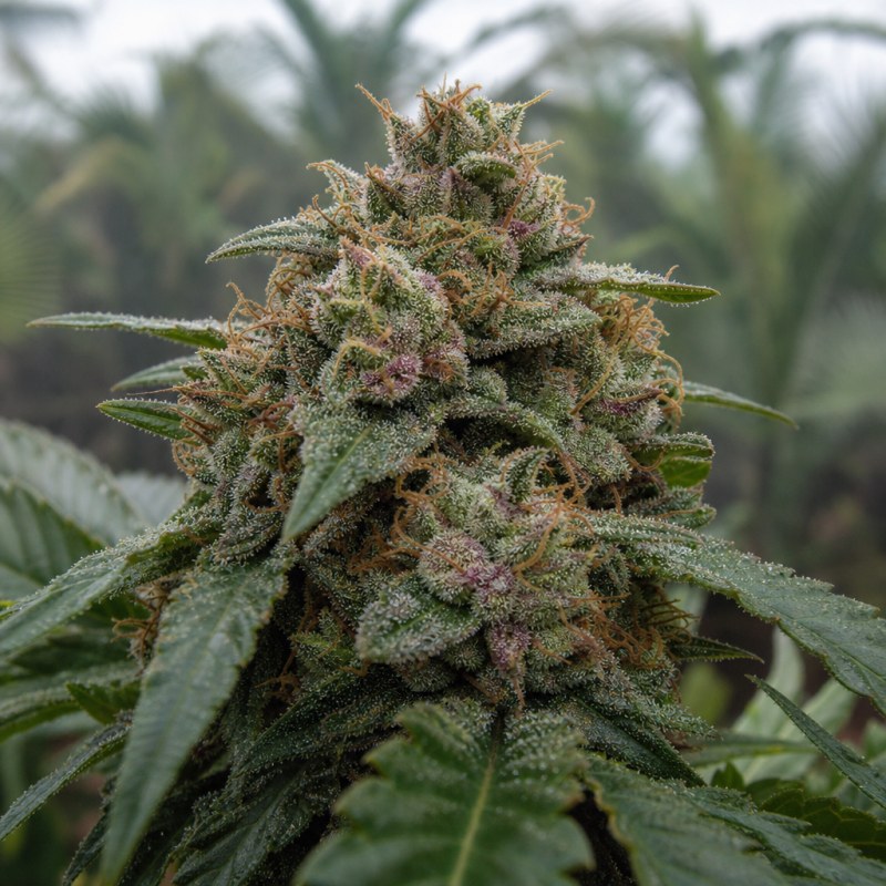 Outdoor macro photograph of the Sin City Kush flower on a living plant
