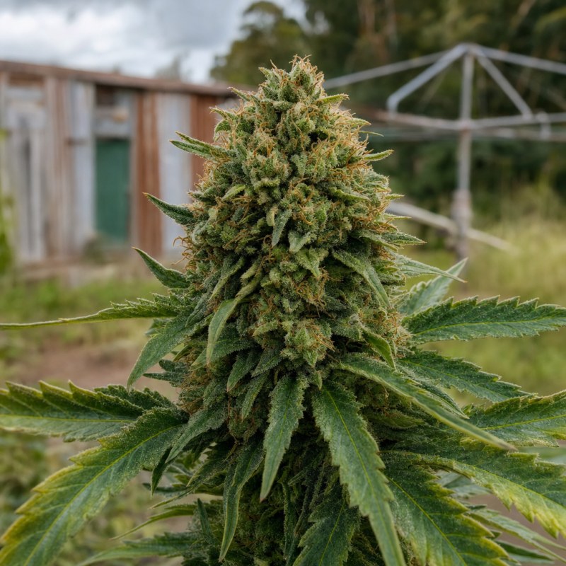 Outdoor macro photograph of the Skywalker OG Auto flower on a living plant