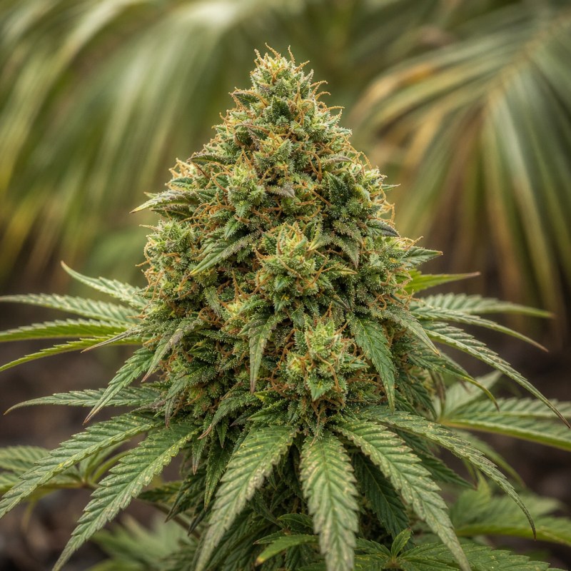 Outdoor macro photograph of the Snow White Auto flower on a living plant