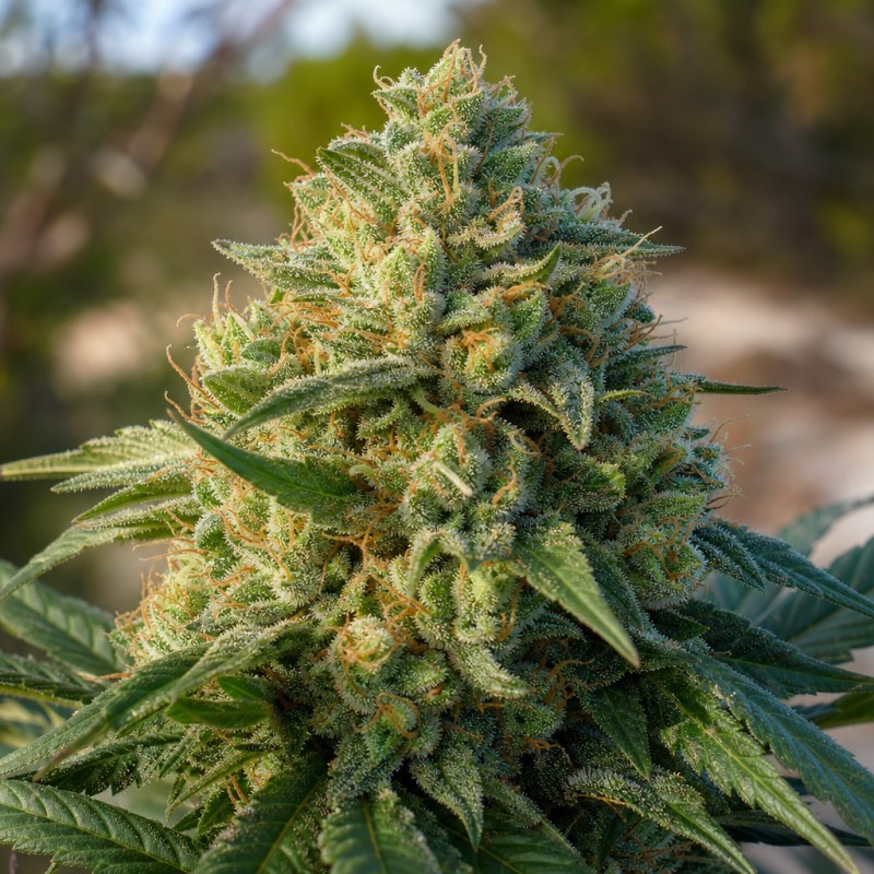 Outdoor macro photograph of the Tahoe Hydro OG flower on a living plant