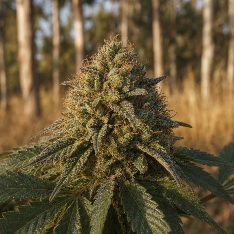 Outdoor macro photograph of the Vanilla Kush flower on a living plant