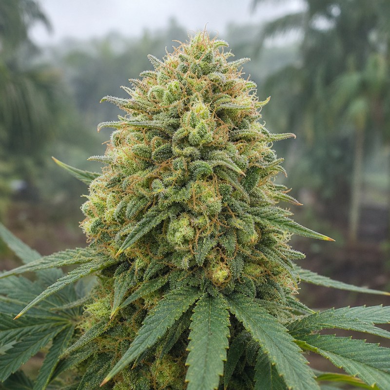 Outdoor macro photograph of the West OG flower on a living plant