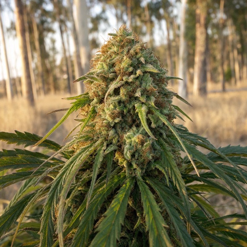 Outdoor macro photograph of the Chemdawg #4 Regular flower on a living plant