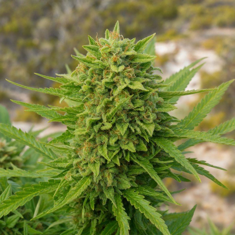 Outdoor macro photograph of the Ghost Train Haze Auto flower on a living plant