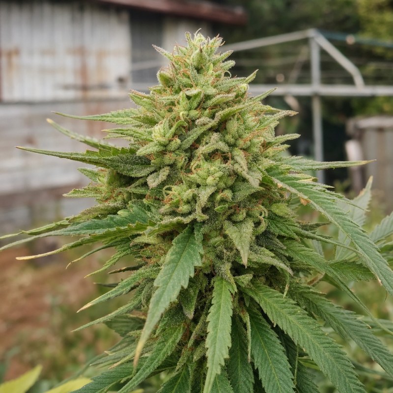 Outdoor macro photograph of the Solomatic CBD flower on a living plant