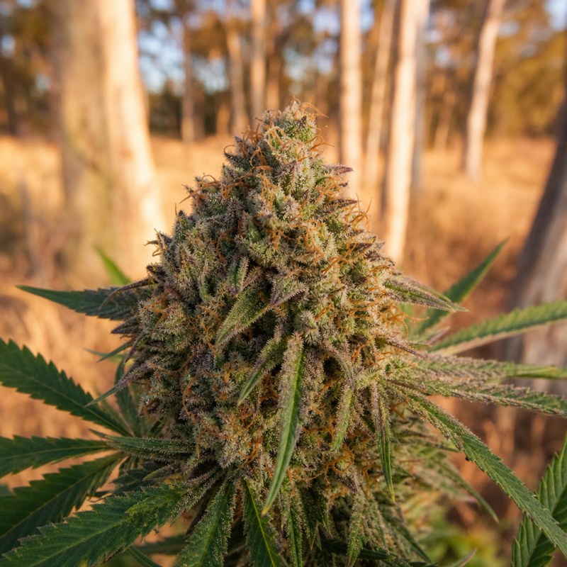 Outdoor macro photograph of the 98 Aloha White Widow flower on a living plant