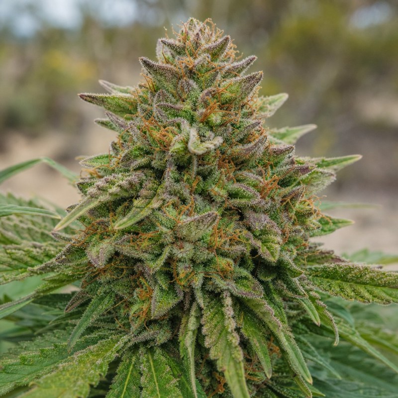 Outdoor macro photograph of the Afghan Hawaiian Auto flower on a living plant