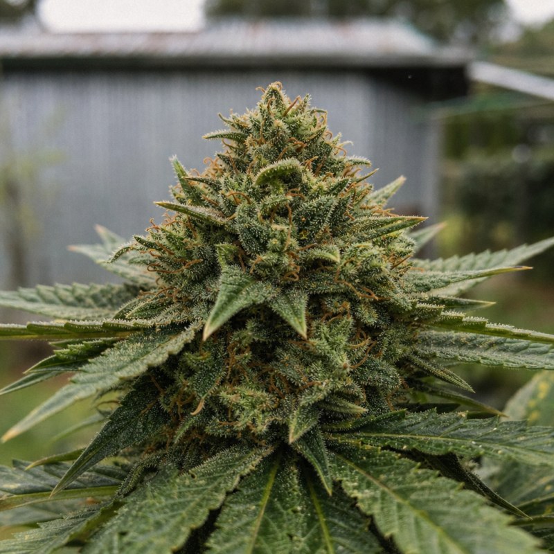 Outdoor macro photograph of the Alien Dawg Auto flower on a living plant