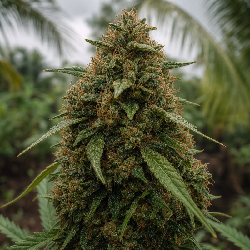 Outdoor macro photograph of the Alien Dawg flower on a living plant