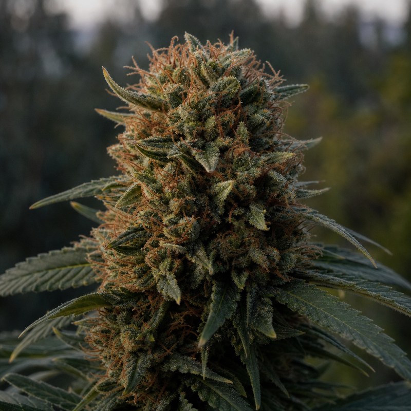 Outdoor macro photograph of the Alien Kush flower on a living plant