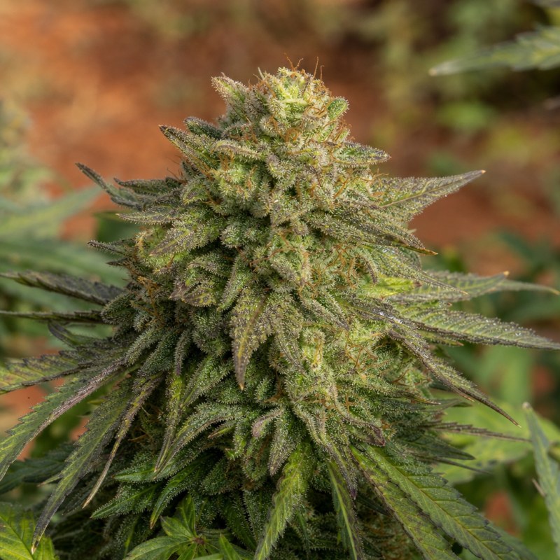 Outdoor macro photograph of the Alien Reunion Auto flower on a living plant