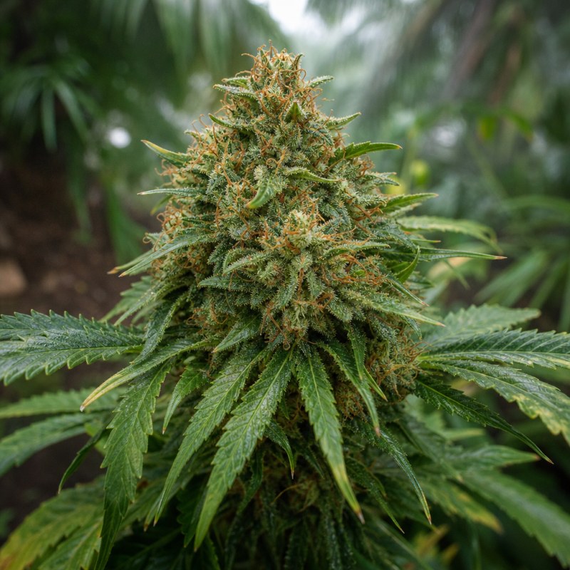 Outdoor macro photograph of the Aliens On Moonshine Auto flower on a living plant