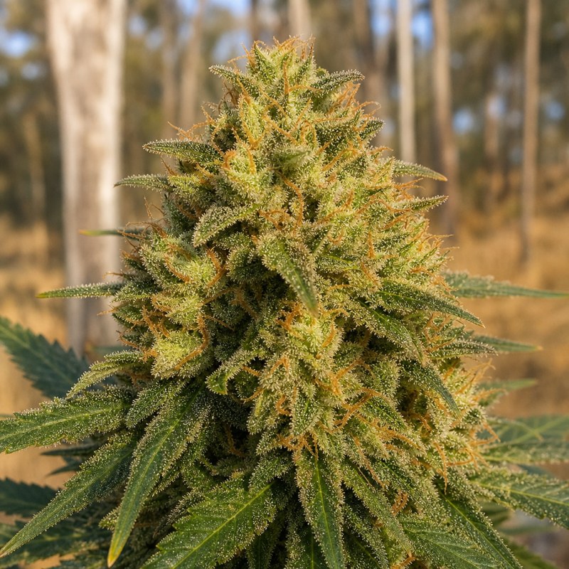 Outdoor macro photograph of the Anonymous OG flower on a living plant