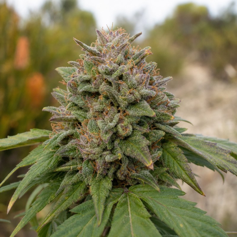 Outdoor macro photograph of the Appleberry Auto flower on a living plant