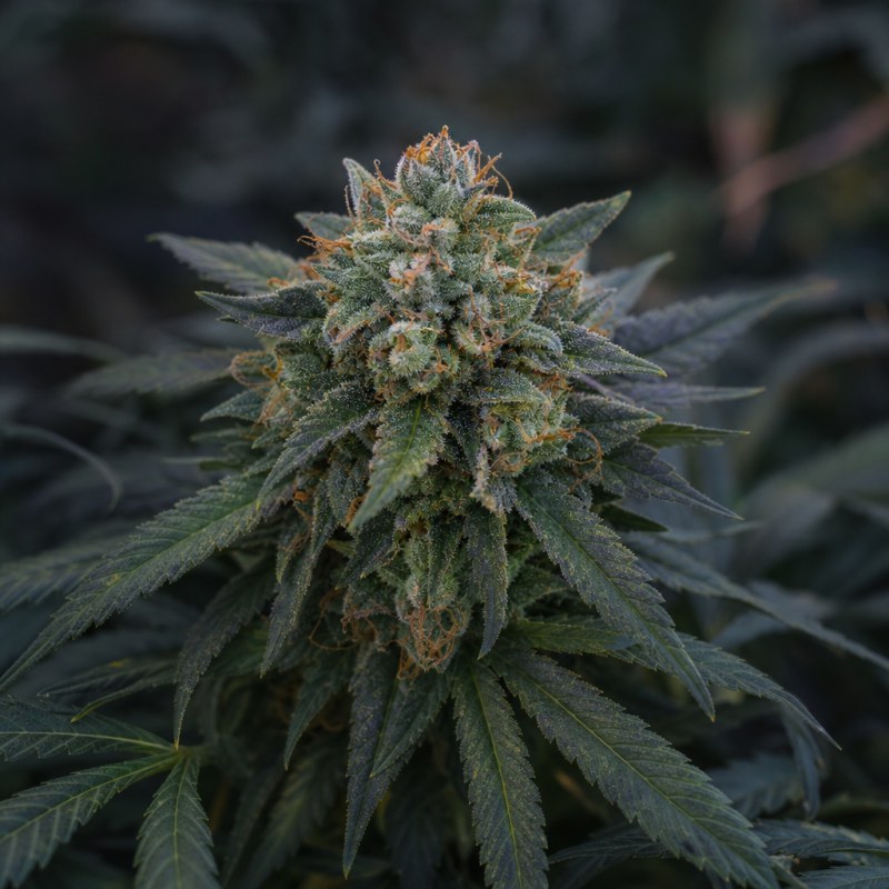 Outdoor macro photograph of the Ayahuasca Purple Auto flower on a living plant