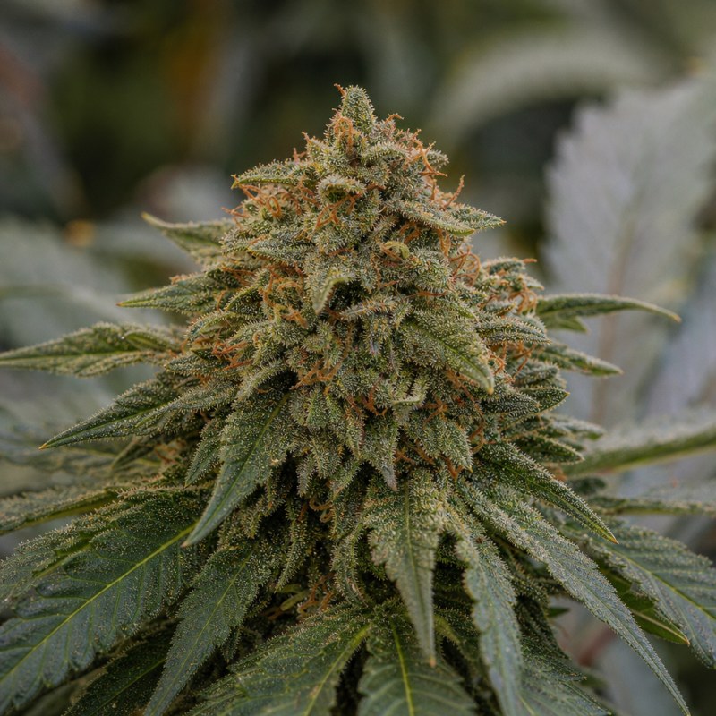 Outdoor macro photograph of the Banana Cream OG Auto flower on a living plant