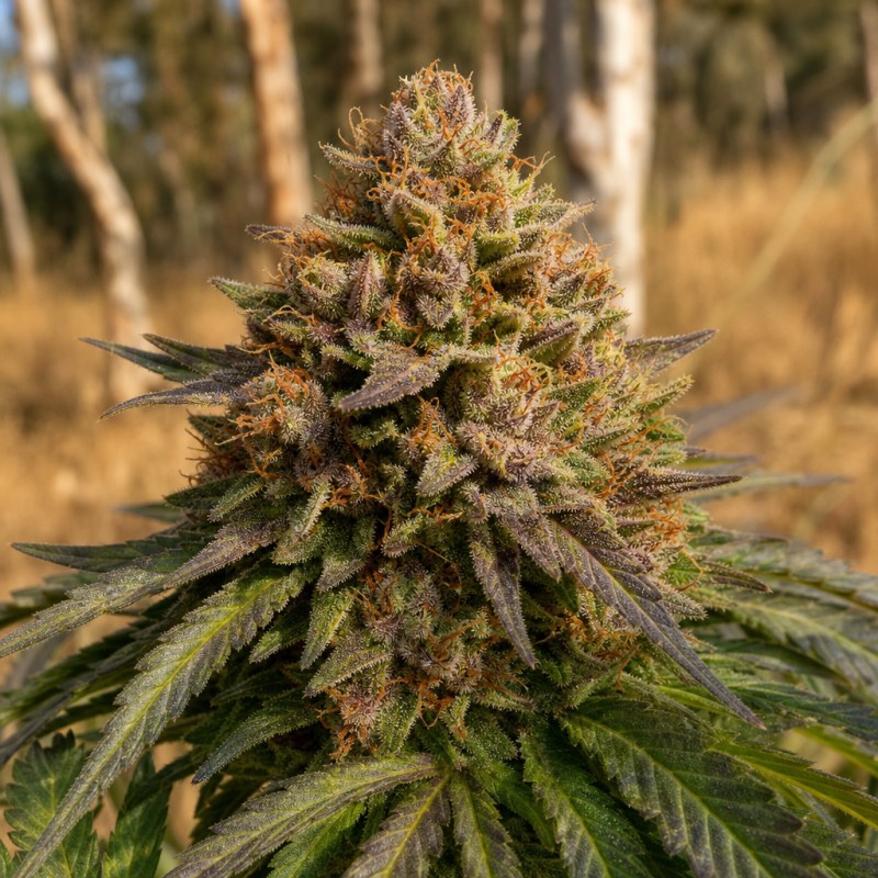 Outdoor macro photograph of the Berner's Cookies Auto flower on a living plant