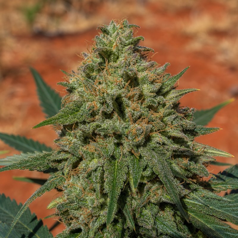 Outdoor macro photograph of the Black Bubba Auto flower on a living plant
