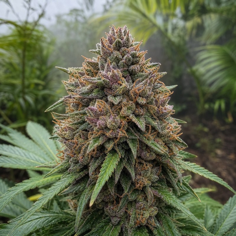 Outdoor macro photograph of the Black Cherry OG flower on a living plant