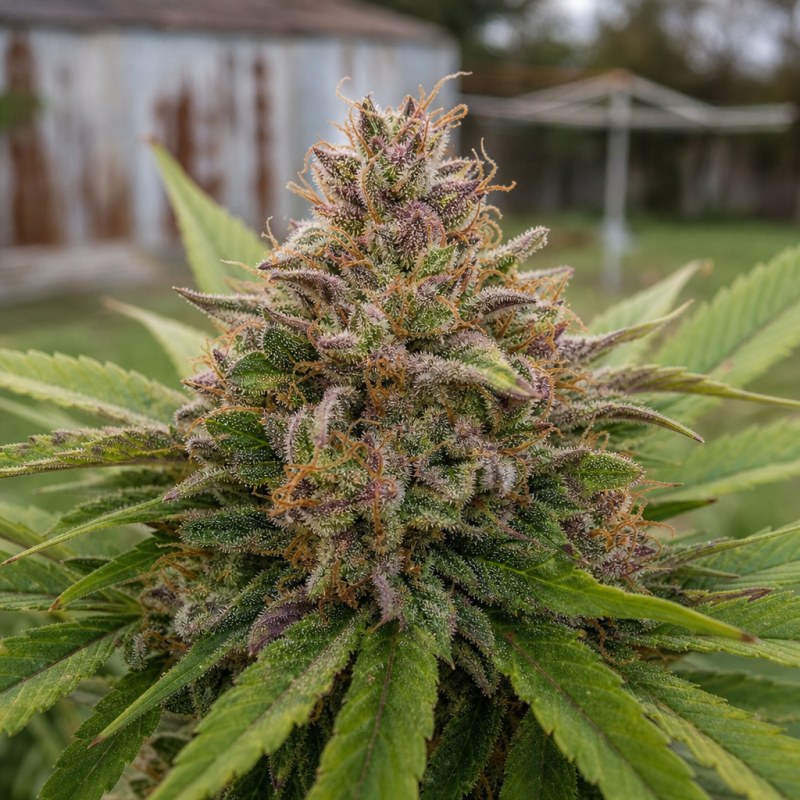 Outdoor macro photograph of the Blue Blood Auto flower on a living plant