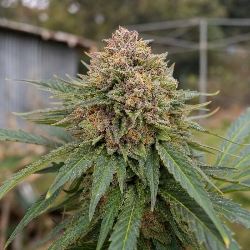 Outdoor macro photograph of the Blue Kiss Auto flower on a living plant