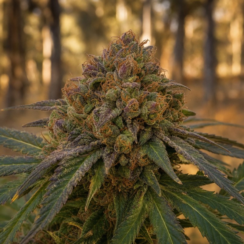 Outdoor macro photograph of the Blue Kush Auto flower on a living plant