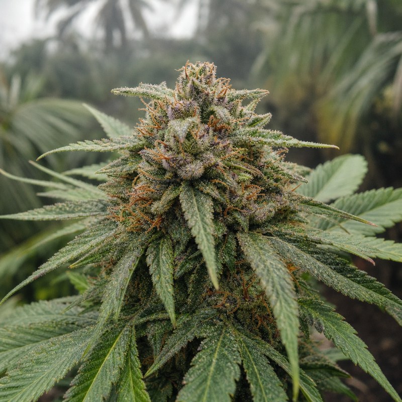 Outdoor macro photograph of the Blue Zombie Auto flower on a living plant
