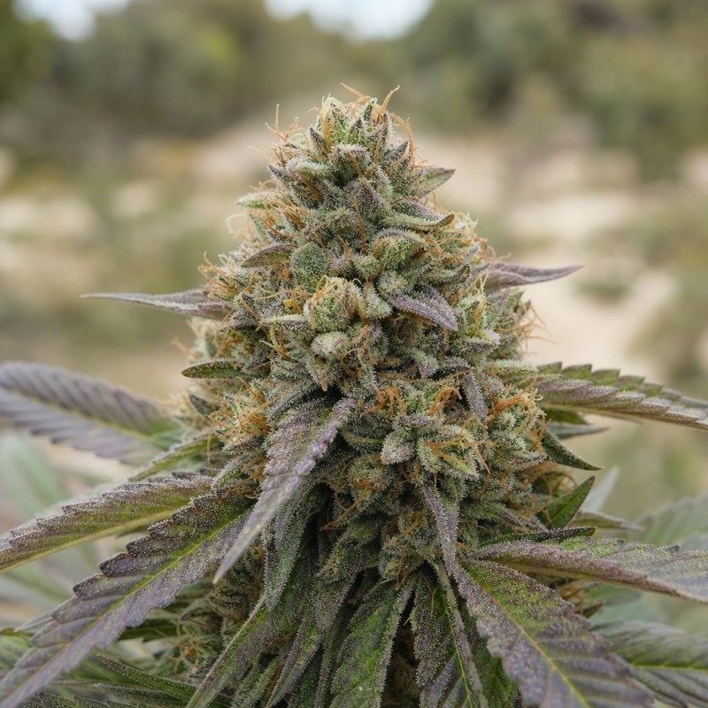 Outdoor macro photograph of the Butter OG flower on a living plant
