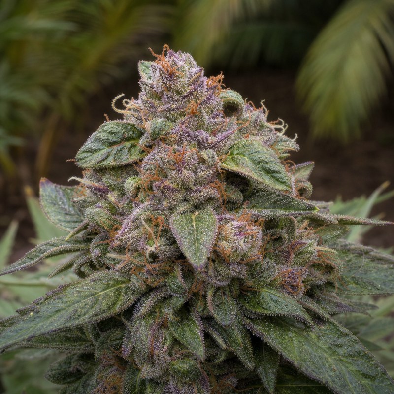 Outdoor macro photograph of the Candy Cream Auto flower on a living plant