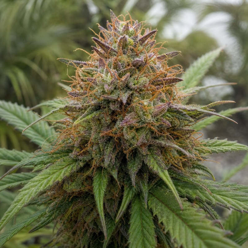 Outdoor macro photograph of the CBD Blue Shark flower on a living plant