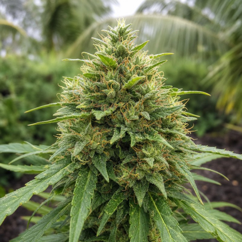 Outdoor macro photograph of the CBD Mango Haze flower on a living plant