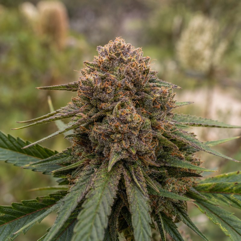 Outdoor macro photograph of the Cherry OG flower on a living plant