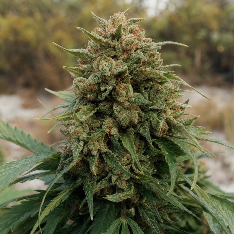 Outdoor macro photograph of the Chocolate Chunk Auto flower on a living plant
