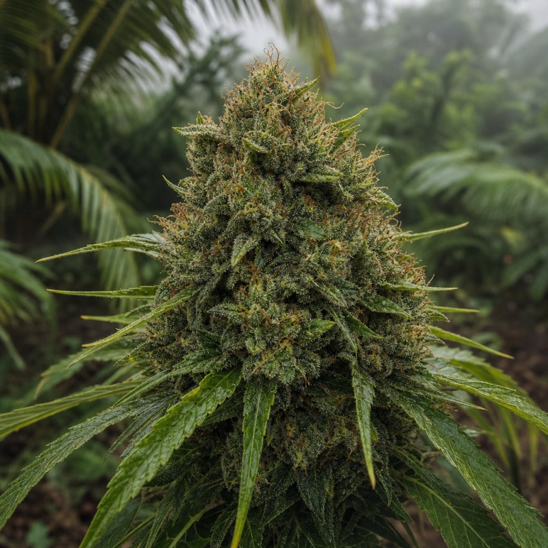 Outdoor macro photograph of the Chocolope Kush flower on a living plant