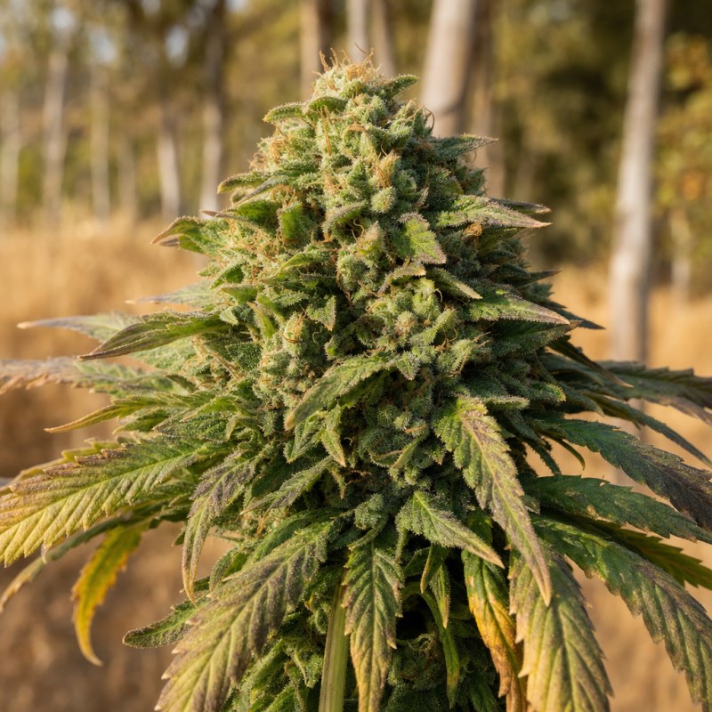 Outdoor macro photograph of the Purple Kush Auto flower on a living plant