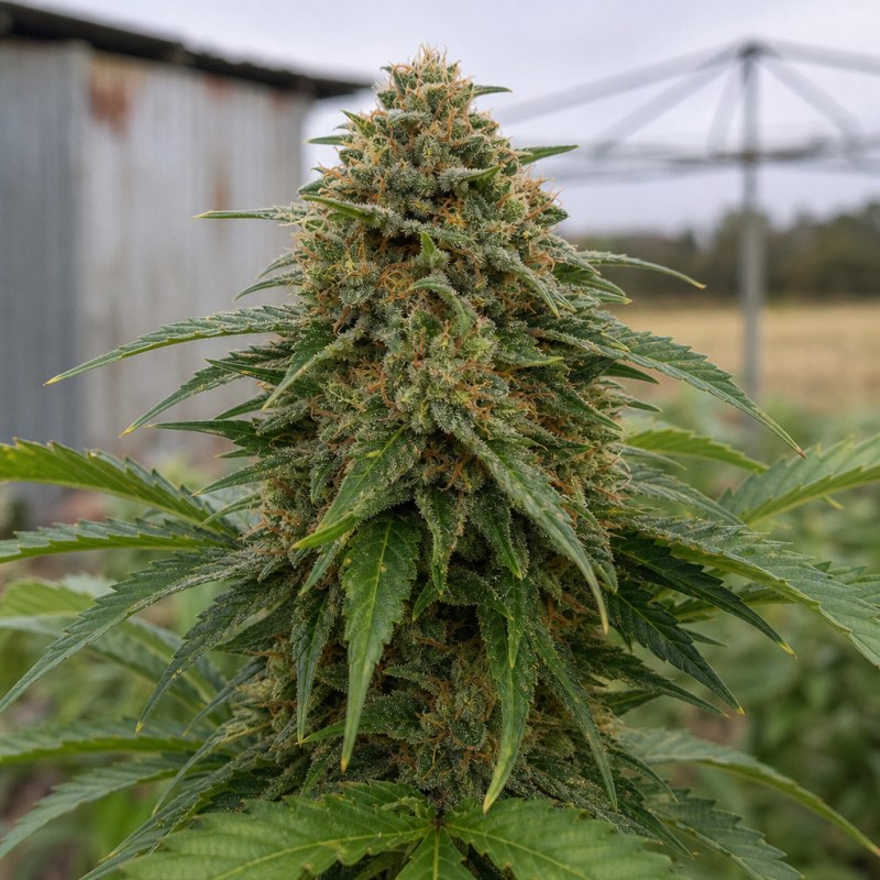 Outdoor macro photograph of the Crown OG Auto flower on a living plant