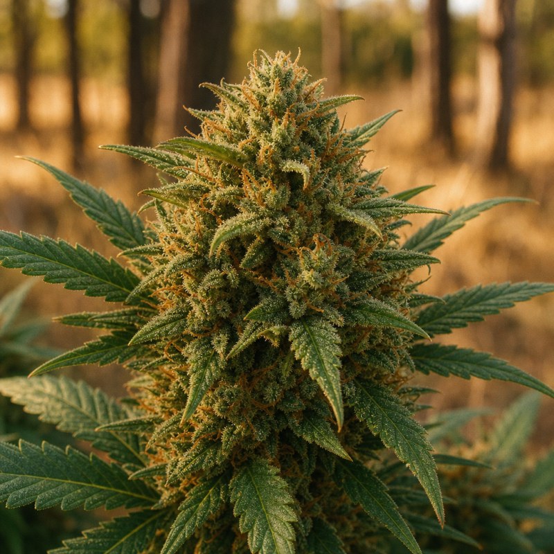 Outdoor macro photograph of the Damnesia Auto flower on a living plant